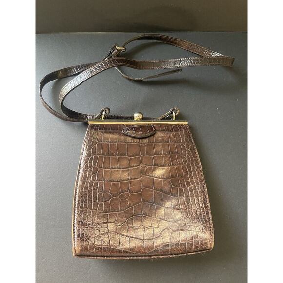 Liz Claiborne Leather Co Handbag Purse Vtg. Reptile Embossed Brown Career Boho - Picture 1 of 7
